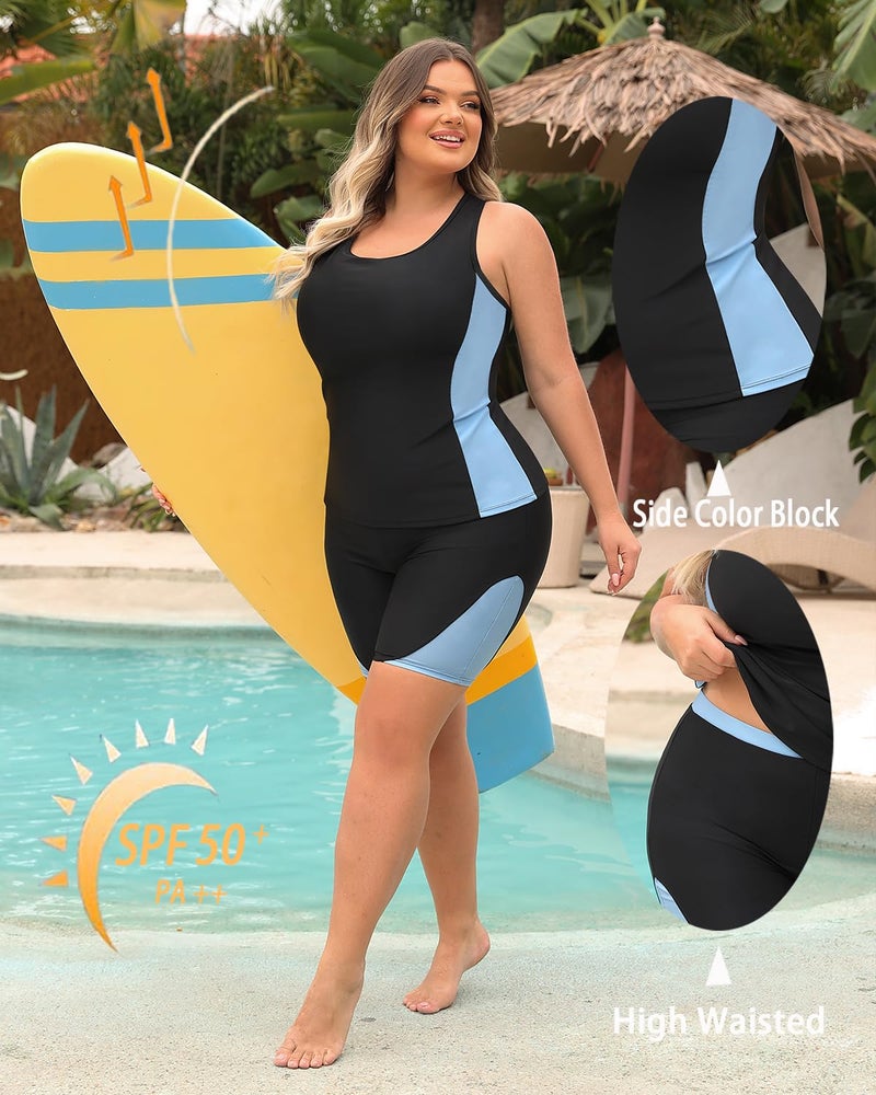 Daci Women's Plus Size Tankini Swimsuit - Two Piece Rash Guard with Capris Shorts and Athletic Racerback Bathing Suit Light Blue 18 Plus - Image 4